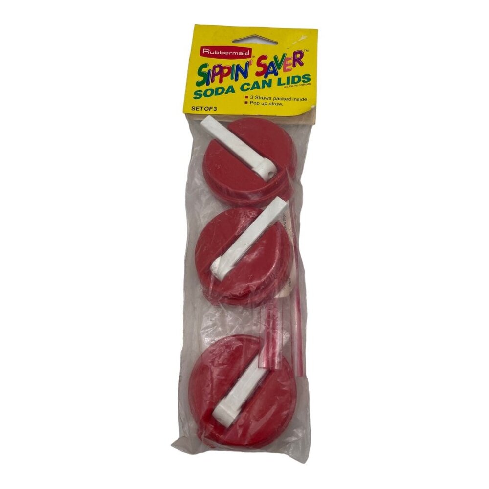 Vintage Rubbermaid Sippin Saver Soda Can Lids Straws Pack of 3 Red NEW NOS